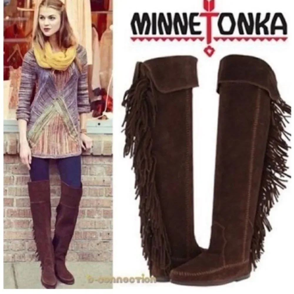 New Minnetonka Tall Leather Suede Brown Fringe Tall Moccasin Boots Size 5
